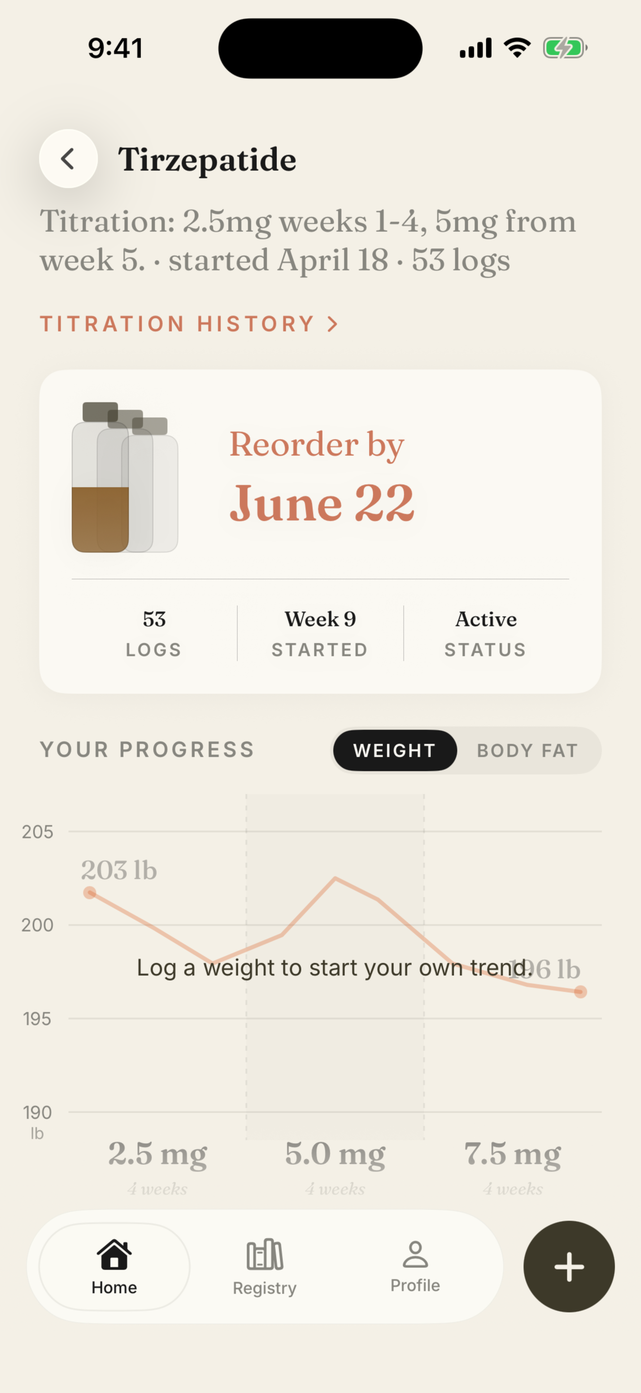 The Together app View Protocol page: Tirzepatide titration history, a reorder-by supply card, and the weight trend across dose phases.